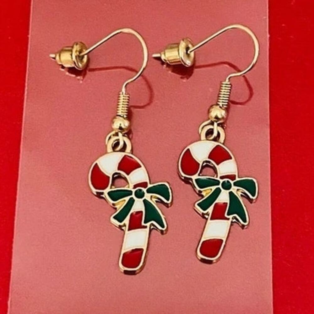 Women's Cute Christmas Earrings Candy Cane Dangle Style Red Green and White